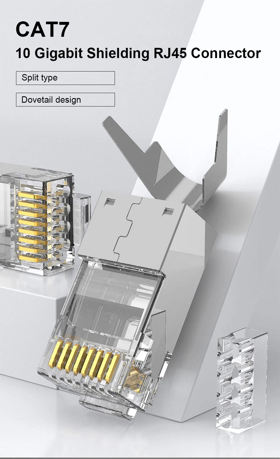 A close-up view of a CAT7 10 Gigabit Shielding RJ45 connector module being inserted into a modular housing.