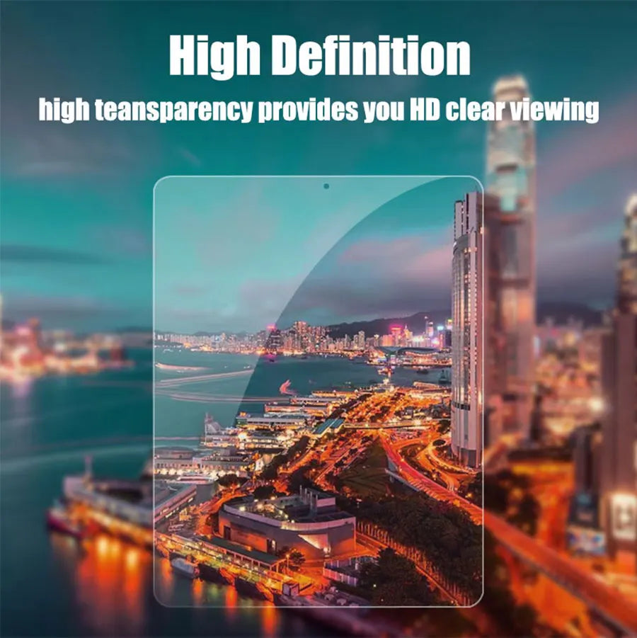 A high-definition view of a city skyline at dusk through a transparent screen protector.
