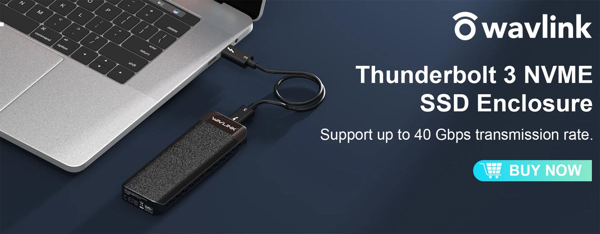 A Thunderbolt 3 NVMe SSD enclosure connected to a laptop, demonstrating high-speed data transfer.
