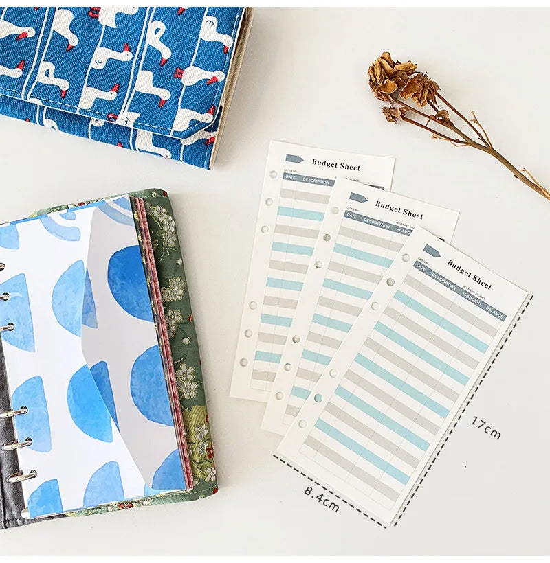 A set of twelve budget planner cards in six colors with a cash envelope design and a leather-bound notebook.