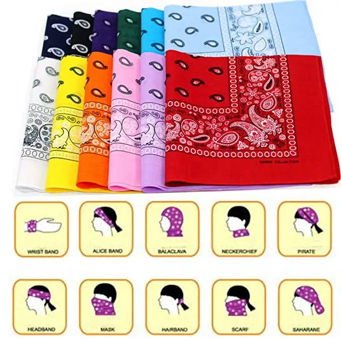 A collection of colorful cotton bandana square scarves and neckerchiefs featuring various prints like paisley, floral, and ge