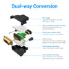 رسم يوضح ميزات التحويل ثنائي الاتجاه لمحول به غلاف من PVC، وغراء، وغلاف ذهبي مطلي بالـ HDMI، ومسمار ثابت.