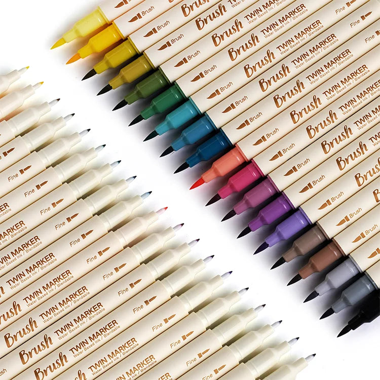 A close-up view of a set of 3-piece retro twin markers in various colors and shades arranged diagonally.