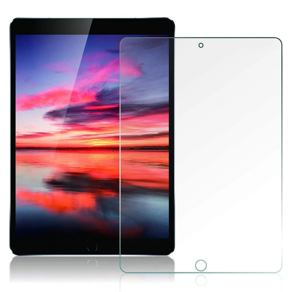 A black iPad with a clear tempered glass screen protector placed on top of it.