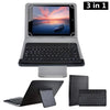 A 3 in 1 Bluetooth keyboard cover for tablets showing a tablet, a keyboard, and a stand.
