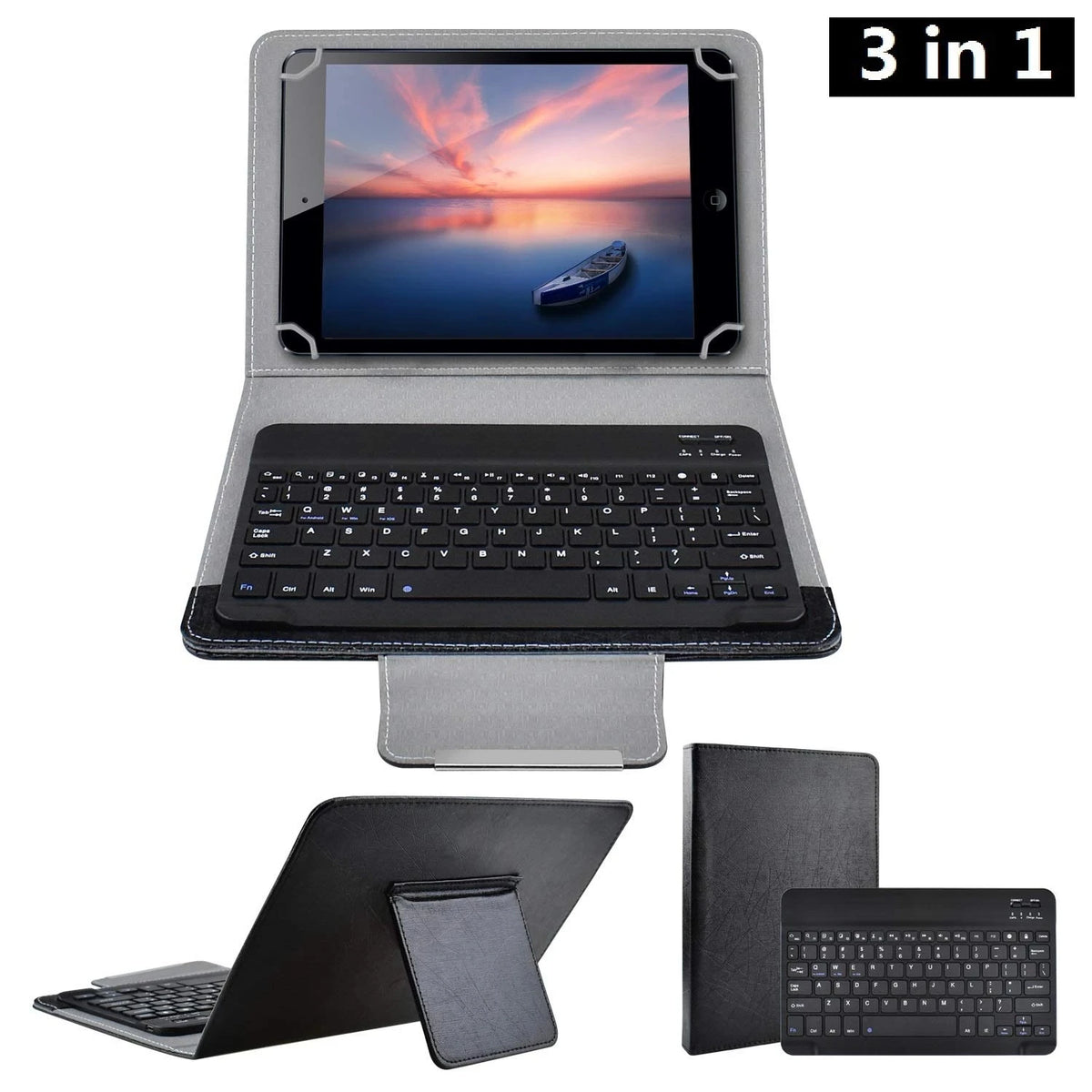 A 3 in 1 Bluetooth keyboard cover for tablets showing a tablet, a keyboard, and a stand.