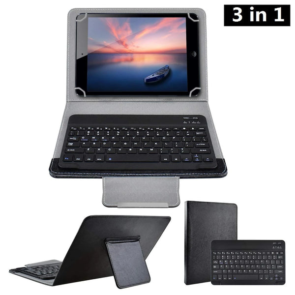 Cubierta de teclado Bluetooth 3 en 1 para tablet, mostrando una tableta, un teclado y un soporte.