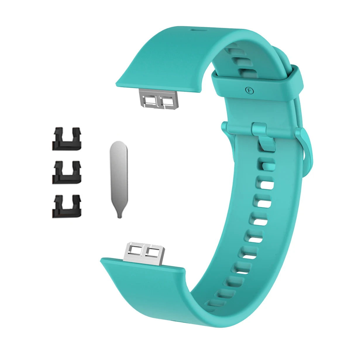 Türkis-Silikonarmband für einen Fitness-Tracker, gezeigt mit verschiedenen Komponenten.