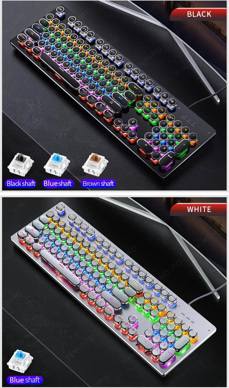 A close-up view of a black retro punk mechanical keyboard and a white version with blue shaft switches.
