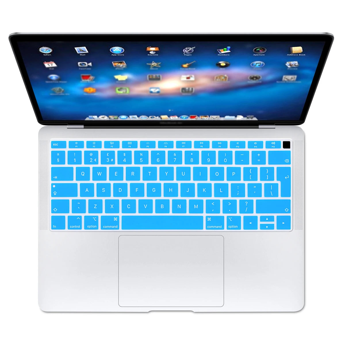 A white silicone keyboard cover for a MacBook Air or MacBook Pro is shown open with the screen displaying a colorful wallpape