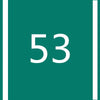 A teal square with a white number 53 centered within two vertical green stripes.