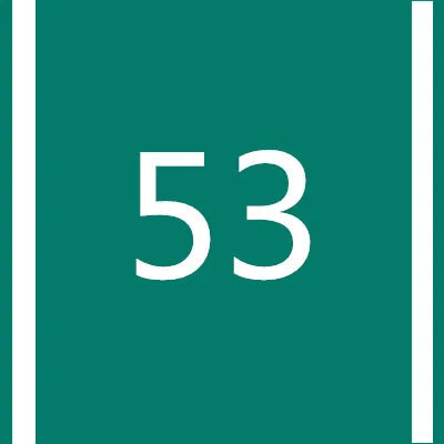 A teal square with a white number 53 centered within two vertical green stripes.
