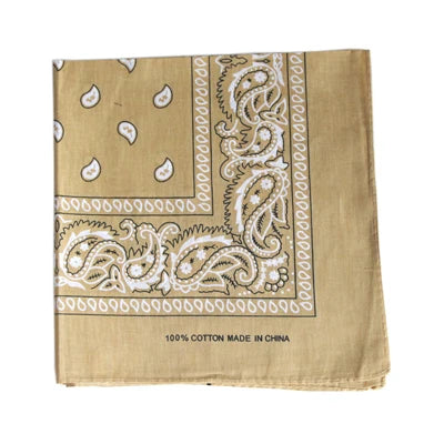 A square tan cotton scarf featuring an intricate white paisley print border.