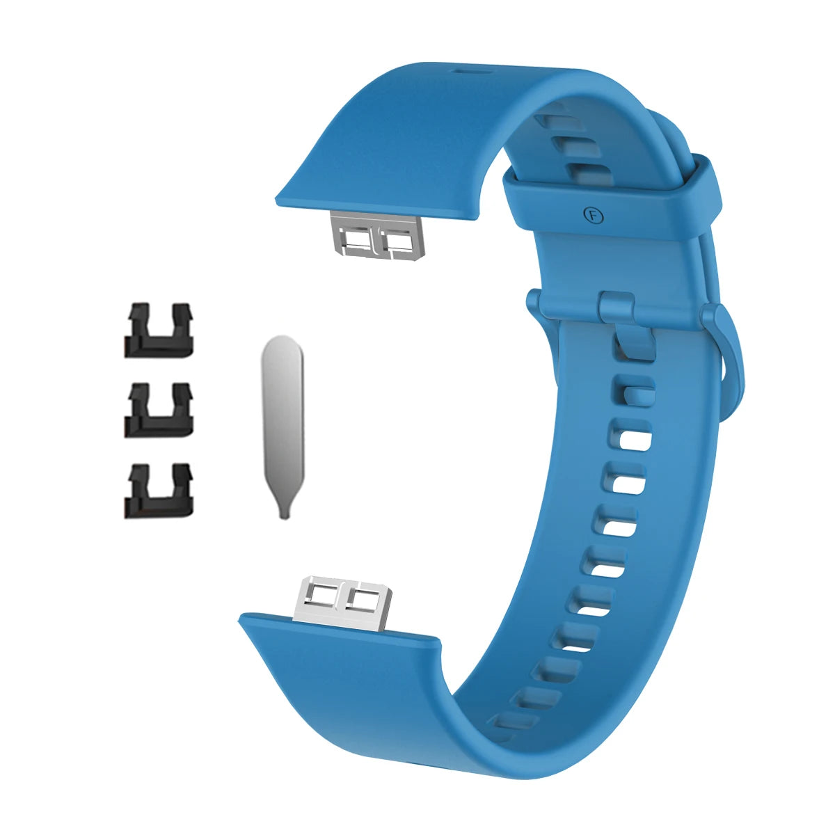 Blaue Silikonarmband für einen Fitness-Tracker, gezeigt mit verschiedenen Komponenten.