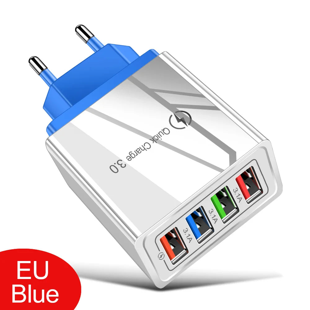 A blue 4-port fast charging wall adapter with multiple output ports and a USB connector.