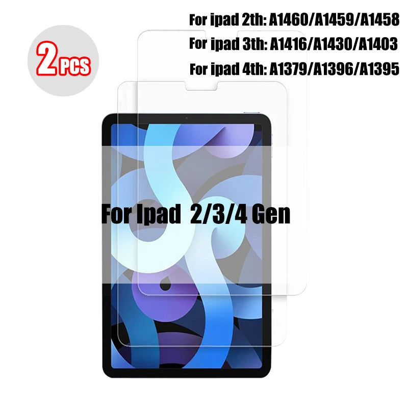 Two tempered glass screen protectors for iPads, including models for 2nd, 3rd, and 4th generation devices.
