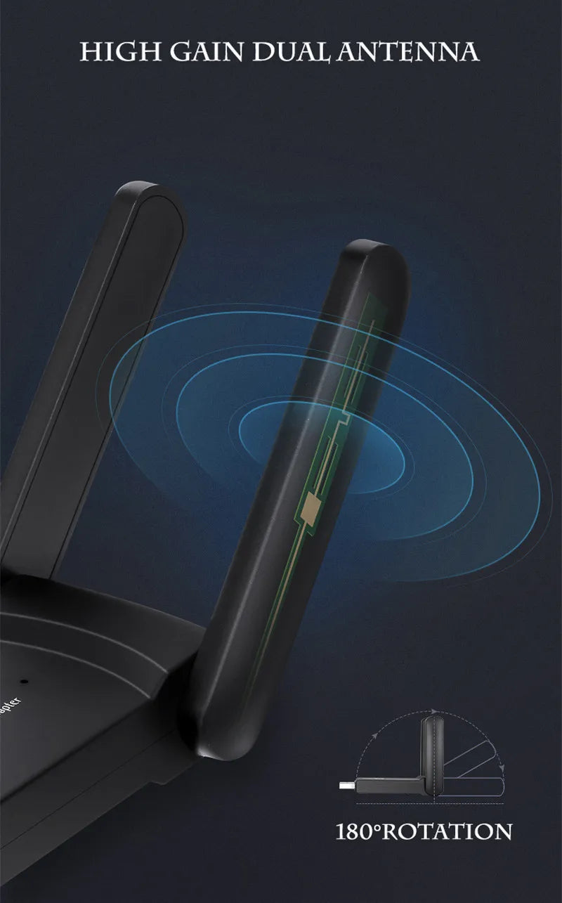 Adaptateur double antenne gain élevé noir avec fonction de rotation à 180 degrés.