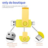 Yellow flash drive with a metal body showing its USB 2.0 interface and mini port for a smartphone.