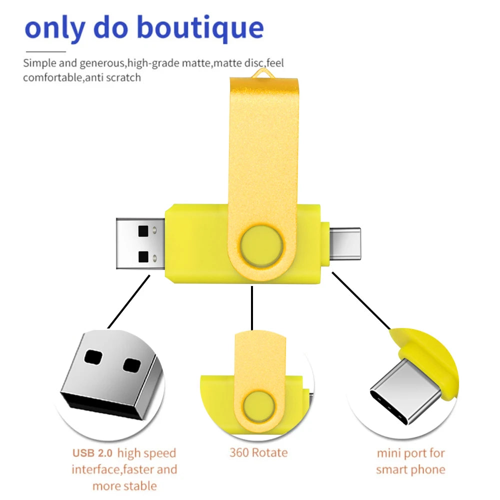 Yellow flash drive with a metal body showing its USB 2.0 interface and mini port for a smartphone.