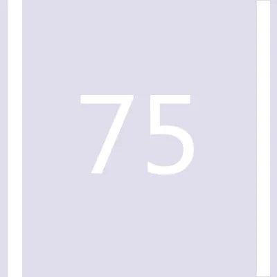 A close-up of a white number 75 displayed on a light purple or gray background.
