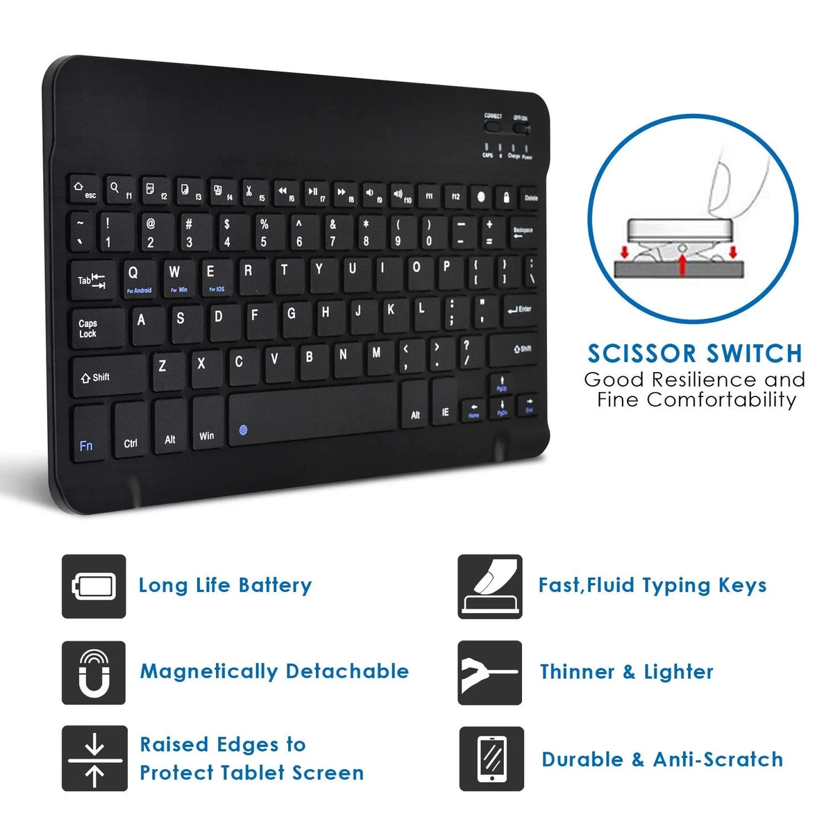 Black scissor switch keyboard cover for tablets featuring long life battery, magnetic detachable design, and durable anti-scr