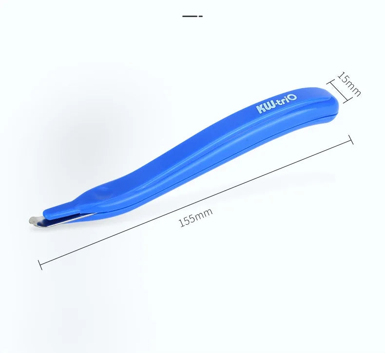 A blue magnetic staple remover tool with a push-button action, shown in profile view.