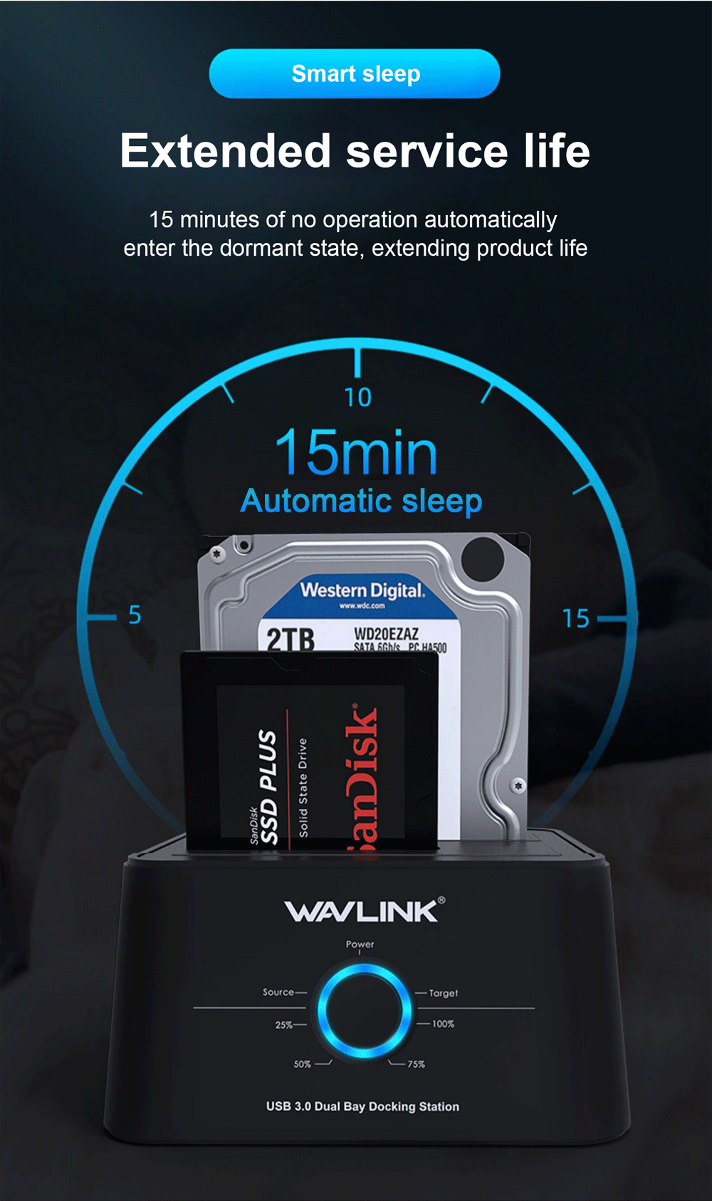 A black external hard drive docking station with two slots for SSDs, demonstrating smart sleep features.