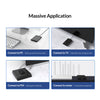 A SATA to USB 3.1 external drive enclosure shown connecting various devices like a PC, TV, PS4, and router.