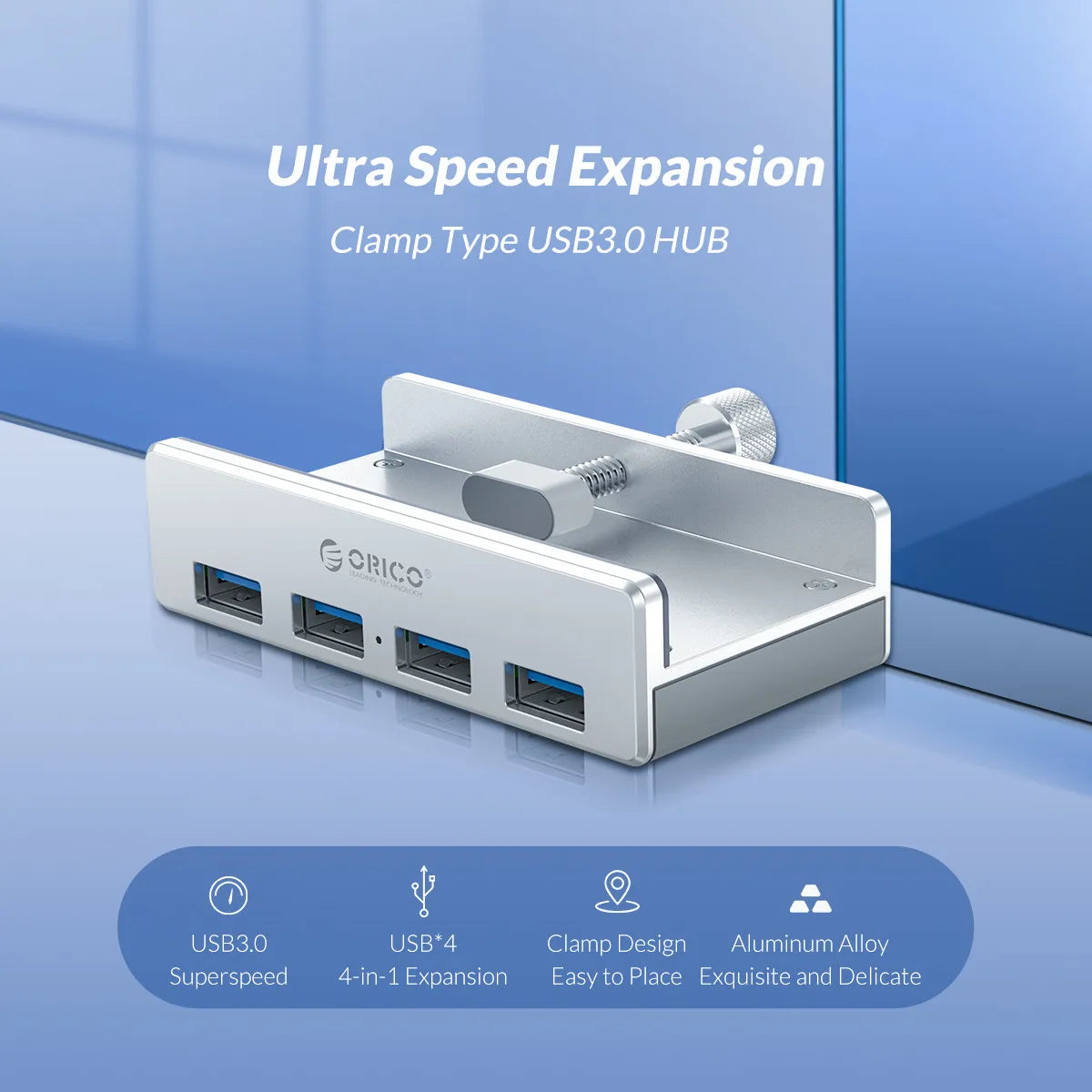 Silver clamp type USB 3.0 hub for ultra speed expansion featuring four ports and aluminum alloy construction