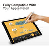 A hand writes on an Apple iPad with a stylus, demonstrating compatibility with the glass screen protector.