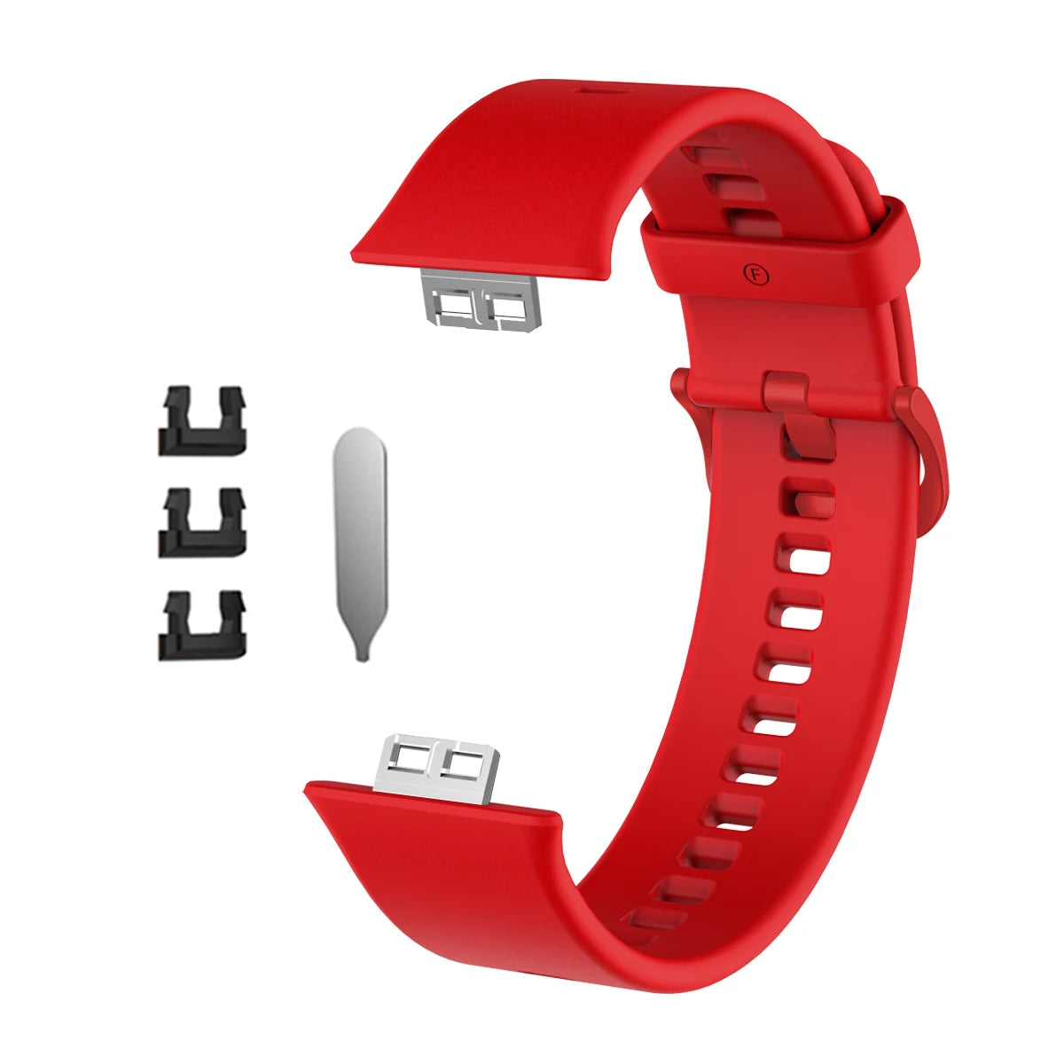 Rote Silikonarmband für einen Fitness-Tracker, gezeigt mit verschiedenen Komponenten.