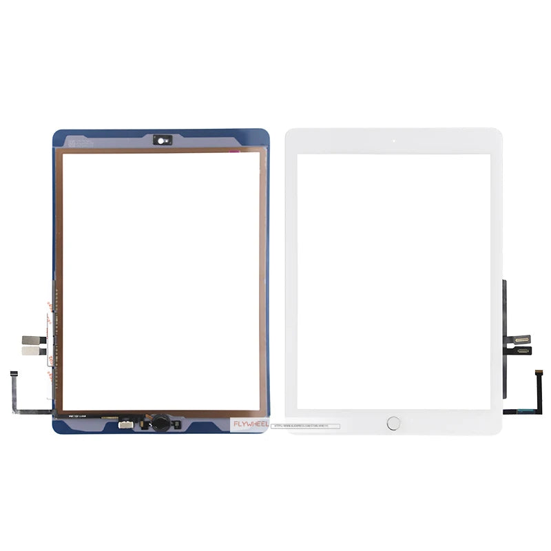 A blue LCD touch screen digitizer for an iPad is shown next to a white version.