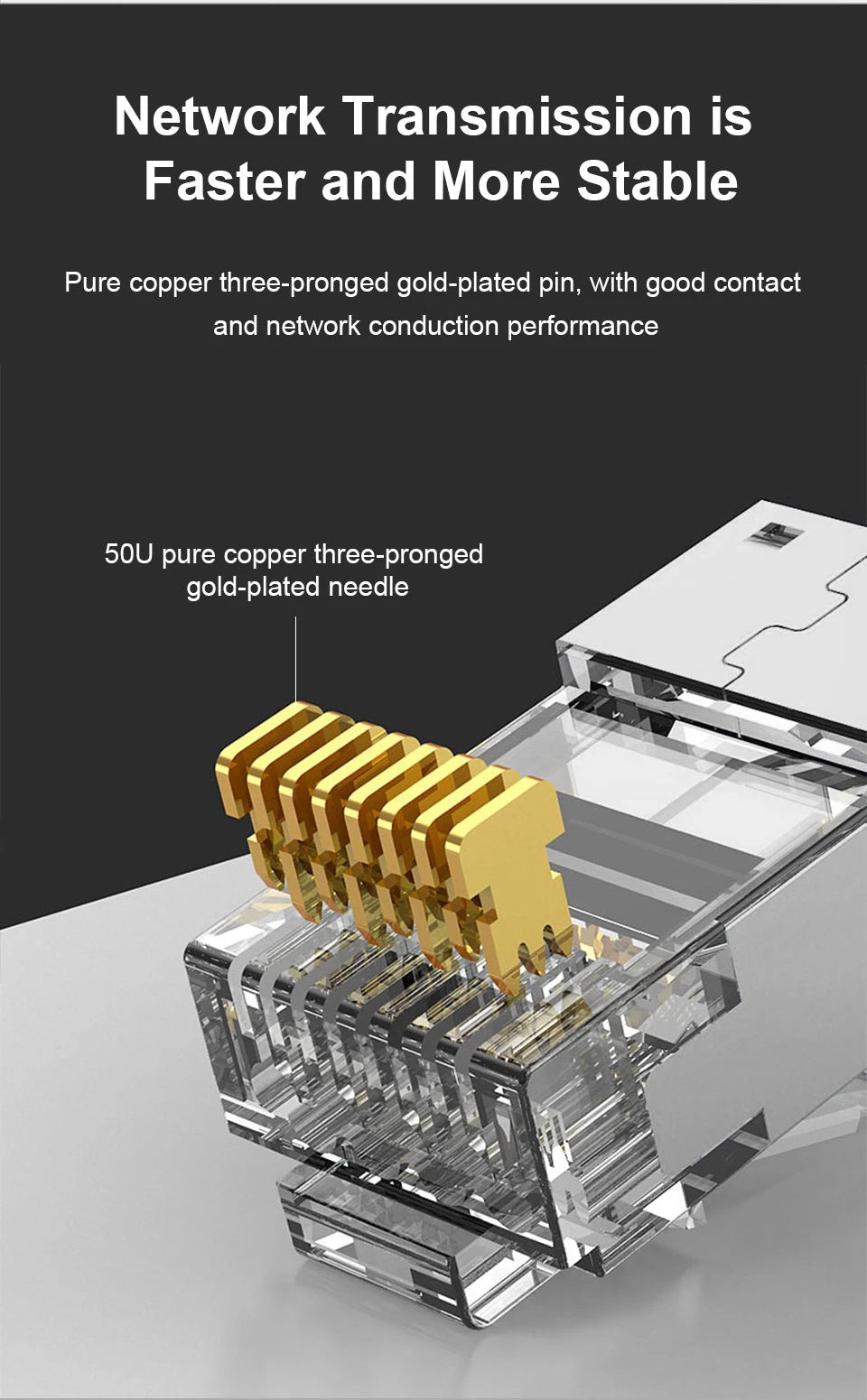 A close-up view of a 50U pure copper three-pronged gold-plated needle connector for network transmission.