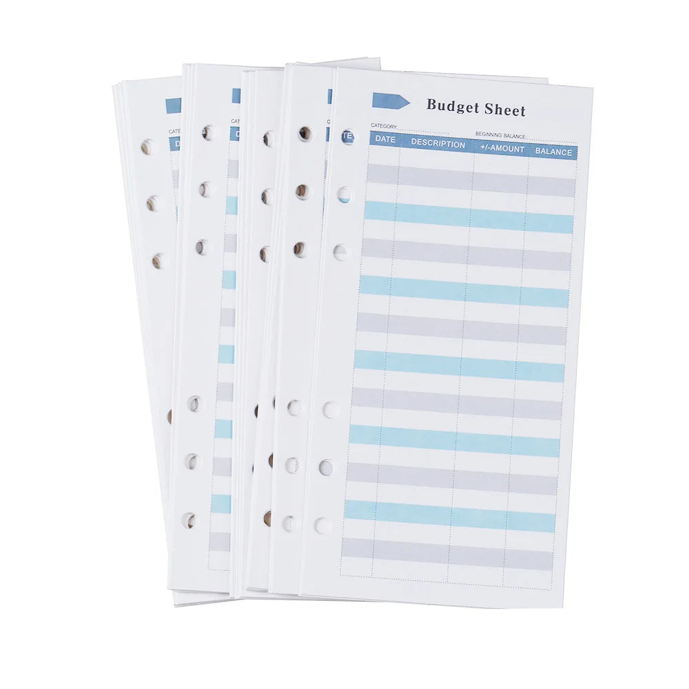 A set of twelve budget sheet cards for planning finances, featuring six colors and a grid layout.