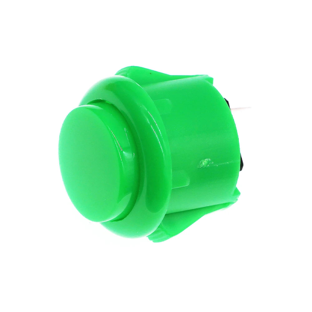 A bright green arcade push button game switch with a round top and a cylindrical body.