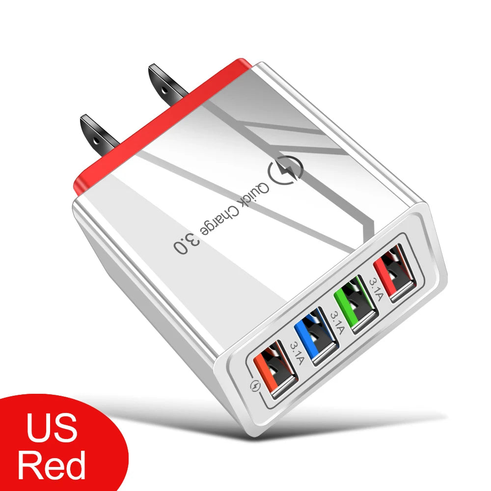 A silver wall adapter with a red casing and four USB-C charging ports for mobile devices.