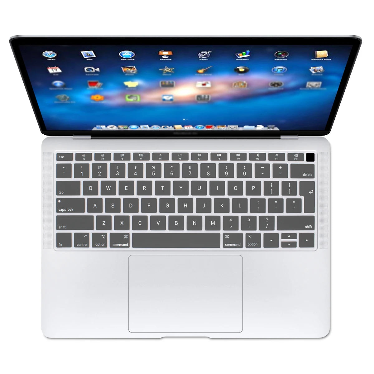 A white silicone keyboard cover for a MacBook Air or Pro, shown open with the laptop.