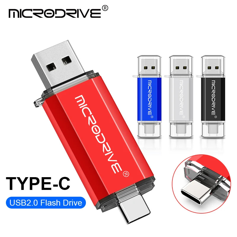 محرك أقراص فلاش أحمر MicroDrive USB 2.0 مع موصل Type-C وثلاثة خيارات لتغيير الهيكل المعدني.