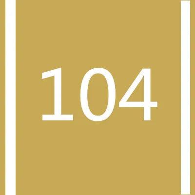A square background with vertical stripes in gold and white, featuring the number 104 in white font.