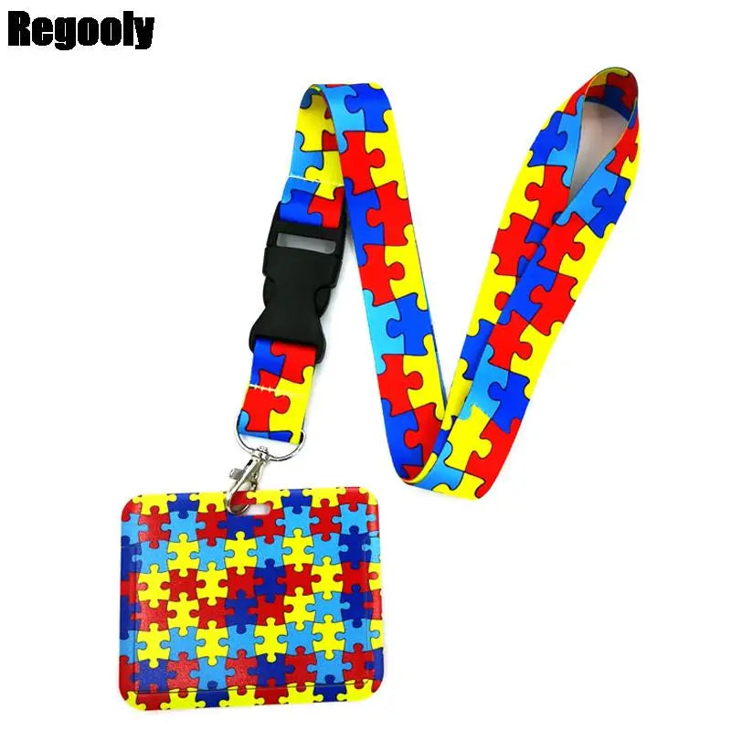 Buntes Puzzle-Teil-Muster-Lanyard mit passendem Schlüsselring.