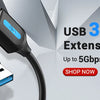 A black USB 3.0 extension cable is shown against a gray background with text promoting up to 5Gbps transmission.