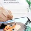A hand writes on an iPad screen protector showing realistic paper texture and a woman's face.
