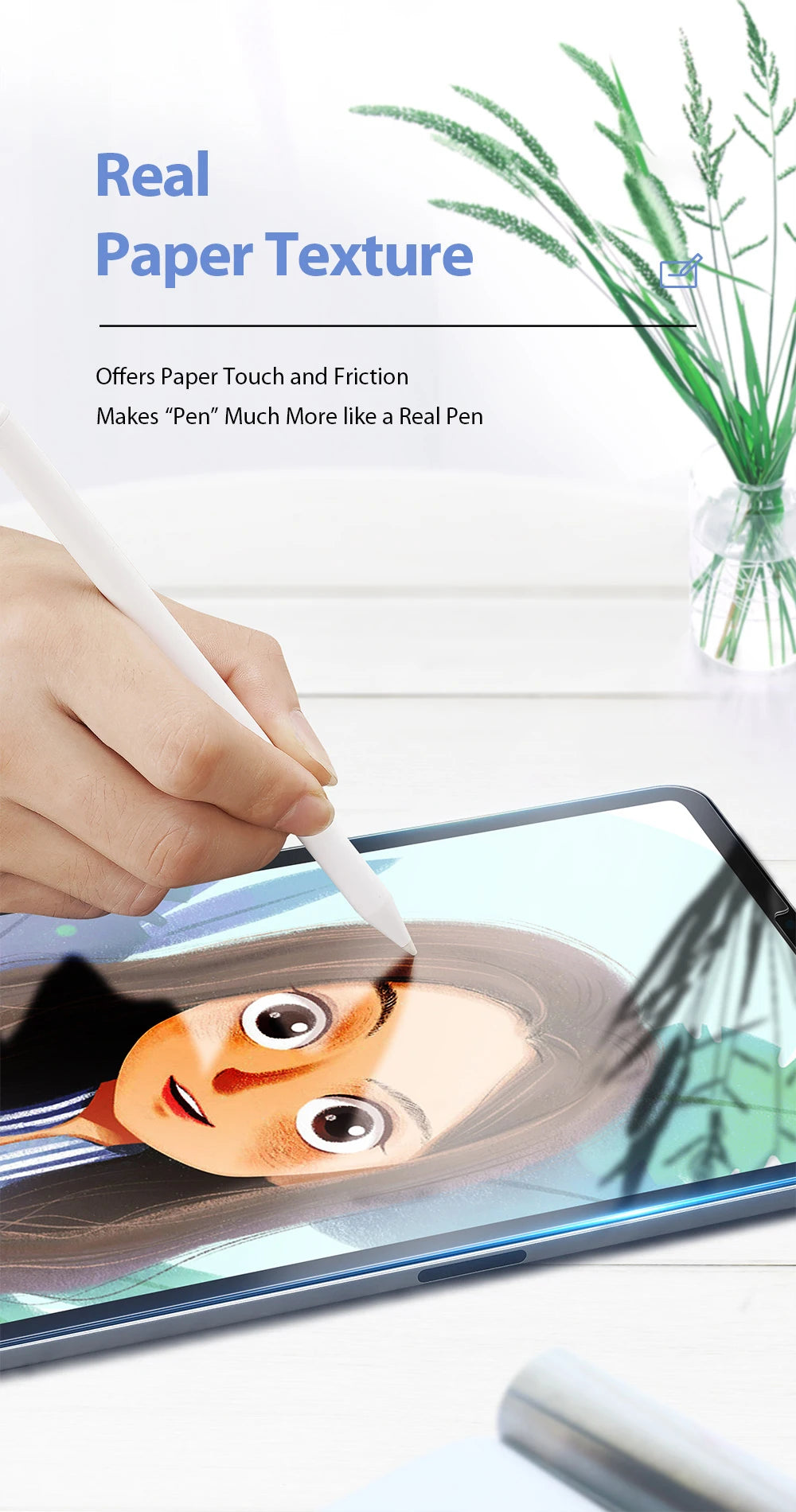 A hand writes on an iPad screen protector showing realistic paper texture and a woman's face.