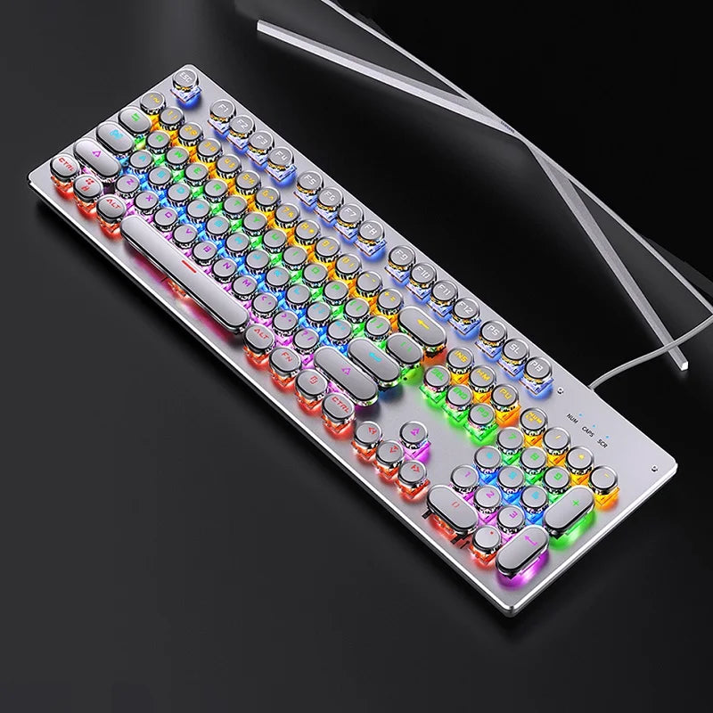 A close-up view of a retro punk mechanical keyboard with colorful backlit keys and a white keycap.