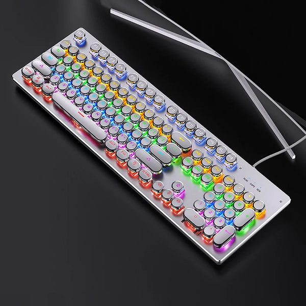 A close-up view of a retro punk mechanical keyboard with colorful backlit keys and a white keycap.