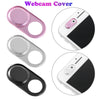 Three types of webcam covers for privacy protection shown separately and applied to a device.
