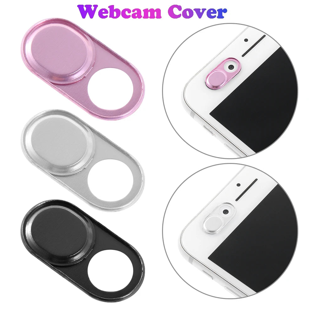 Three types of webcam covers for privacy protection shown separately and applied to a device.
