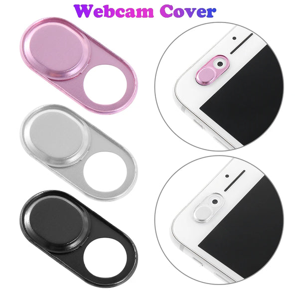 Three types of webcam covers for privacy protection shown separately and applied to a device.