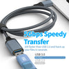 A blue USB 3.0 cable with a gray braided cord is shown next to a white device, demonstrating fast data transfer.