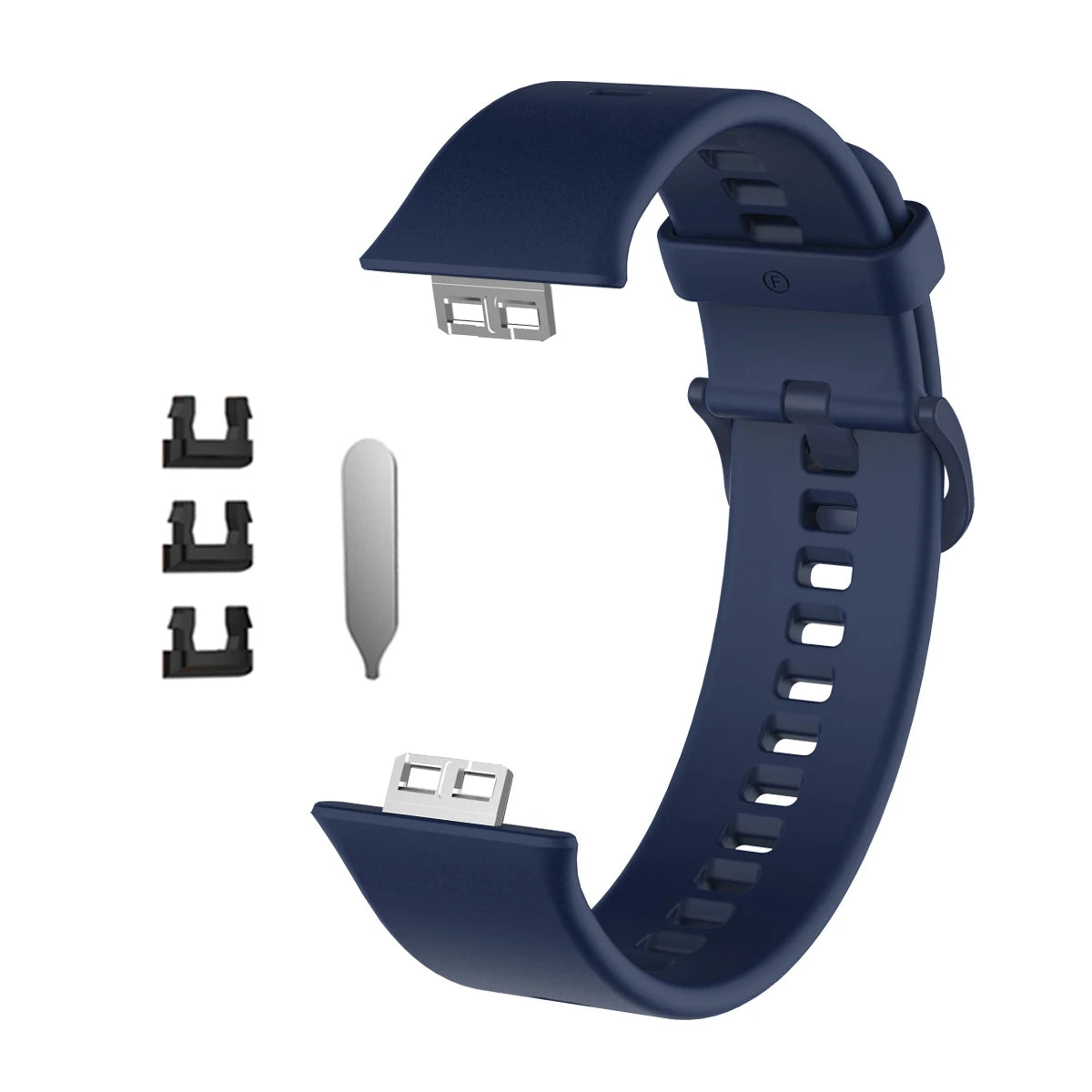 Dunkelblaue Silikonarmband mit verschiedenen austauschbaren Verbindern und einem Armband auf weißem Hintergrund.